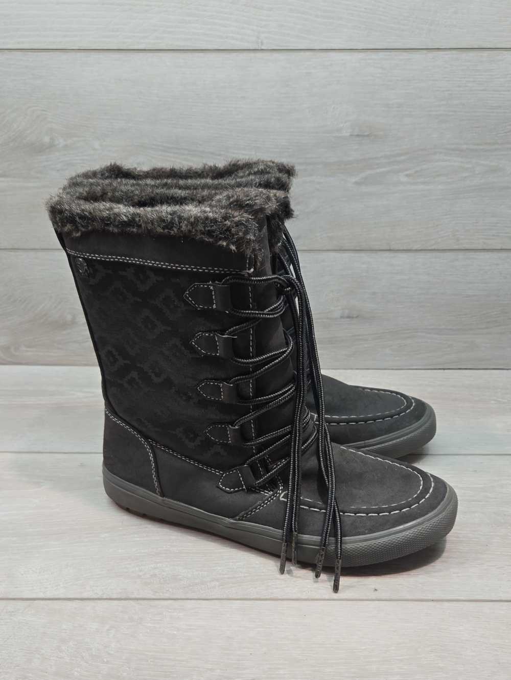Roxu Womens Gray Faux-Fur Lace-Up Winter Boots Tall Shoes Sz 9
